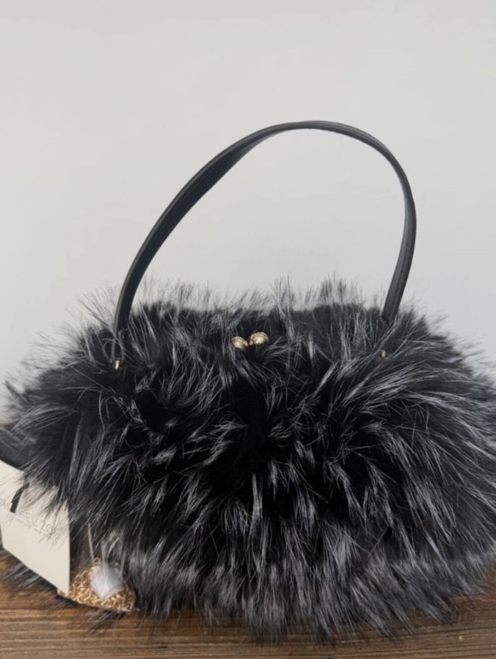 Rachel Zoe Black and Gray Faux Fur Handbag with Top Handle EL M
